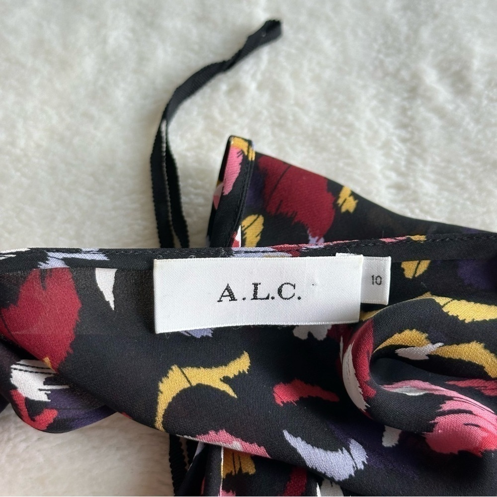 A.L.C Roslyn Silk Print Black Pink V-neck Sleeveless Midi Dress M (10) - Picture 10 of 13